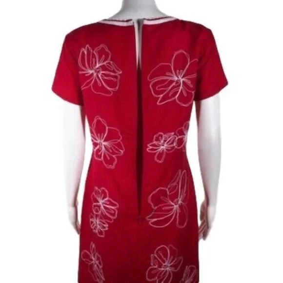 Talbots Dress Womens Size 4 Linen Blend Asian Floral Short Sleeve Lined Red Whit - Picture 8 of 11